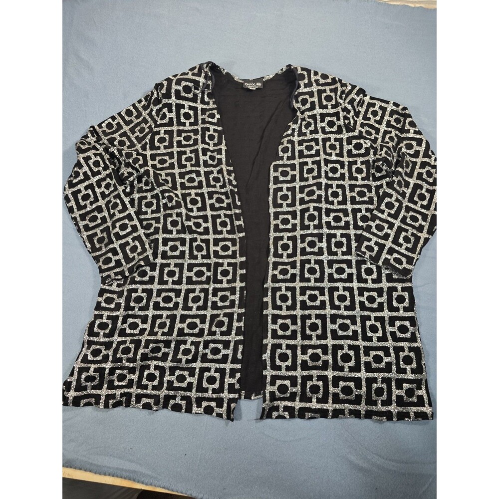 Onyx Nite Women's Black and Silver Metallic Glitter Geometric Open-Front Sz 3XL